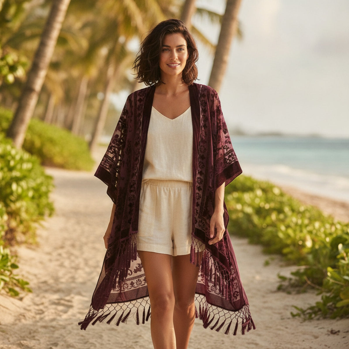 Kimono Court Fleuri en Nylon et Velours pour Femme - Style National