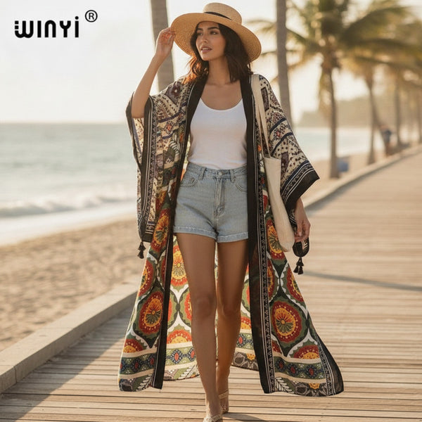 Kimono Long Bohème Femme Motif Ethnique Imprimé Main