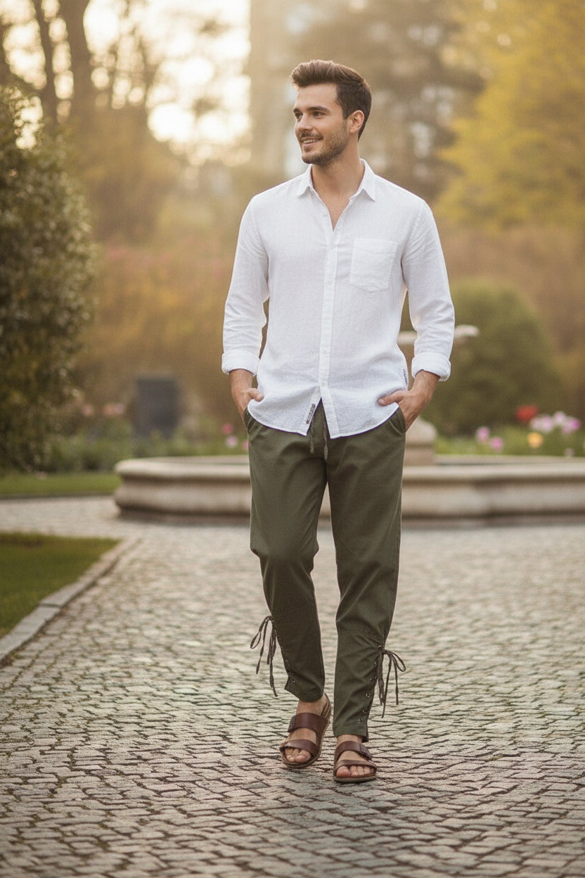 Pantalon Homme Casual Printemps/Automne en Coton et Lin - Coupe Vintage