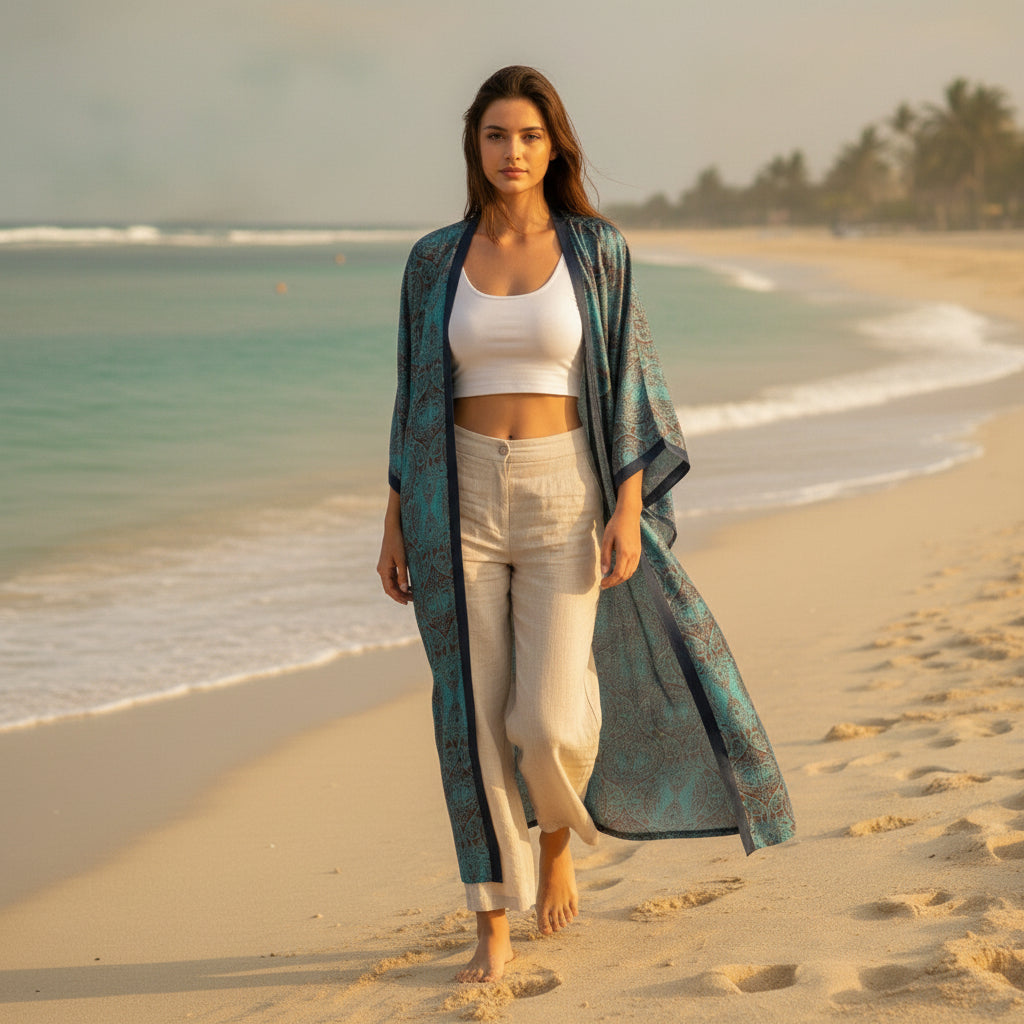 Kimono Long Femme Bohème – Cardigan Léger Imprimé Style Plage
