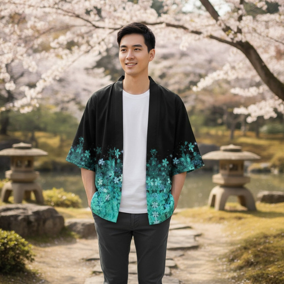 Kimono Court Femme Style Sakura Papillon en Polyester Léger et Respirant