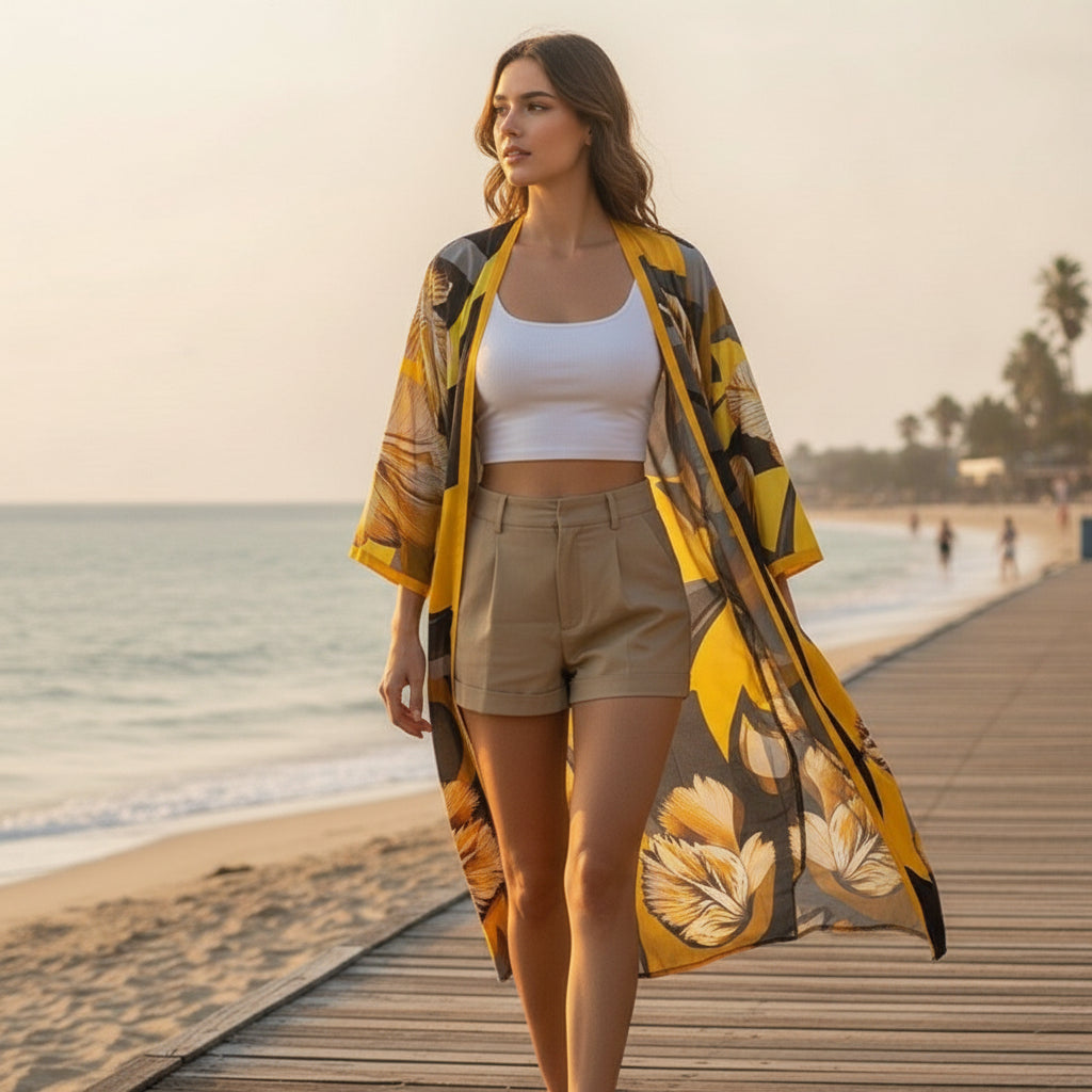 Kimono Long Imprimé Bohème Femme Polyester - Style Été Léger