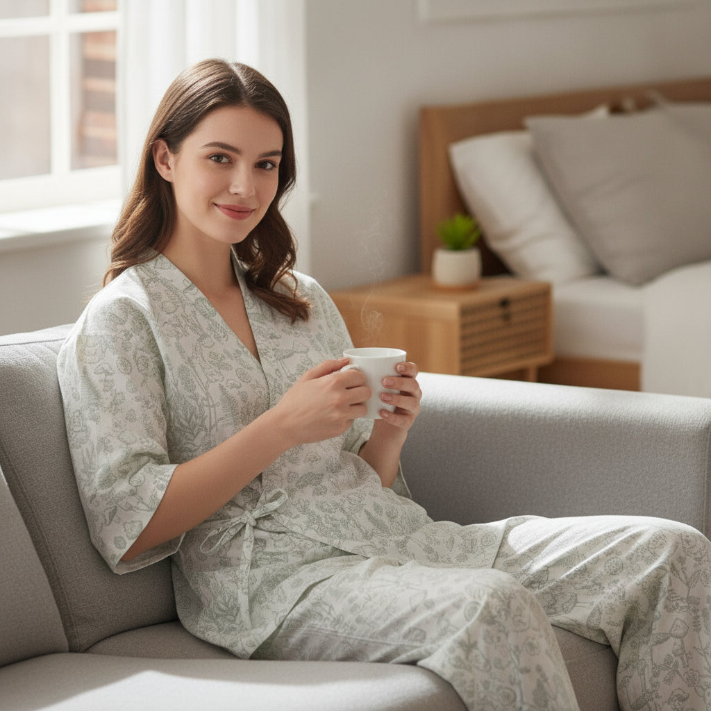 Pyjama Femme en Coton V-Neck Imprimé - Confort et Style