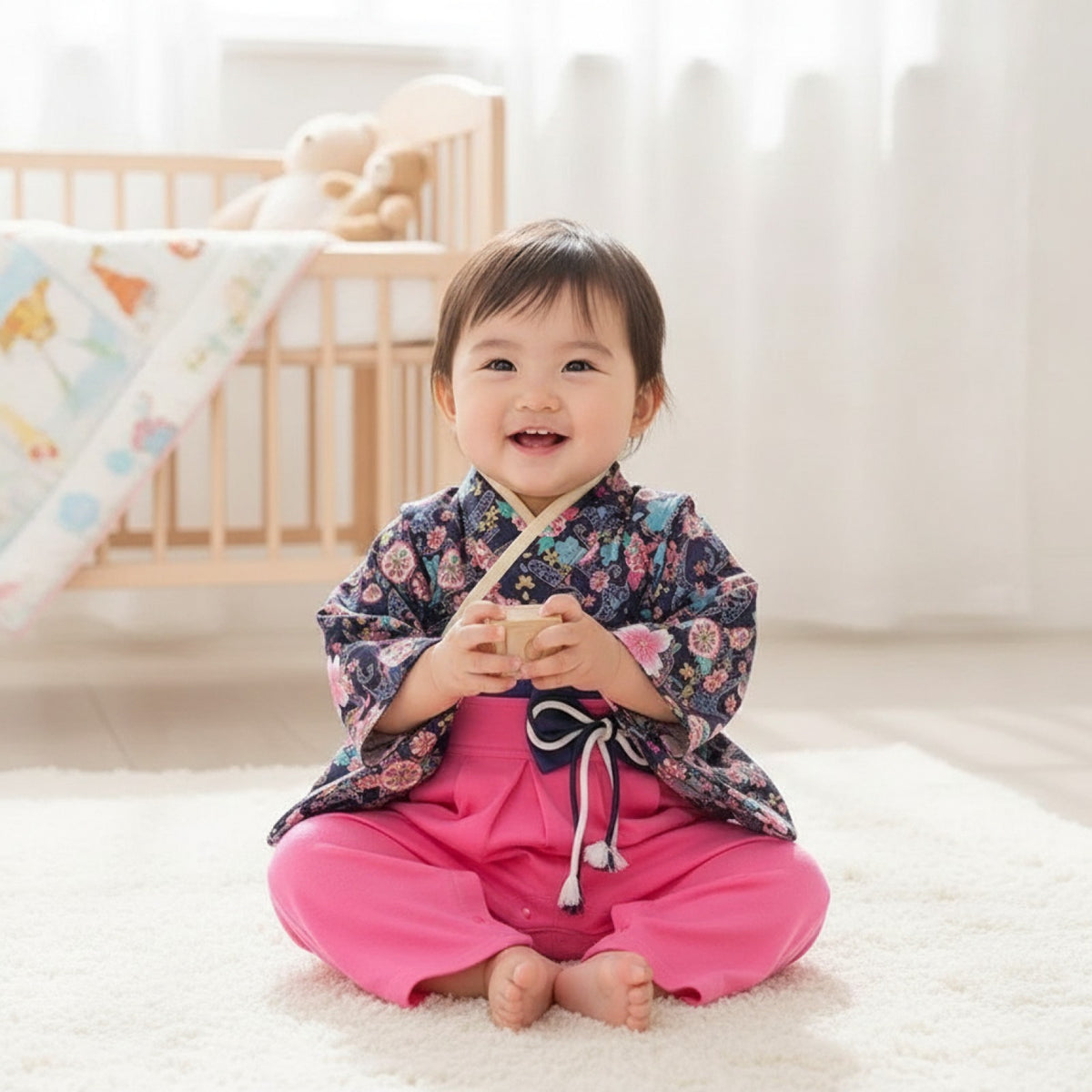 Ensemble Kimono et Pantalon Bébé Fille Style Japonais Fleuri