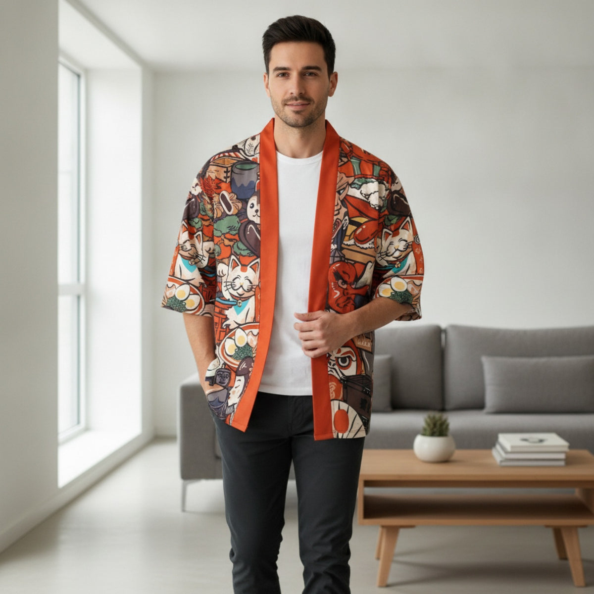 Kimono Court Homme Polyester Manches Trois-Quarts Style Asiatique