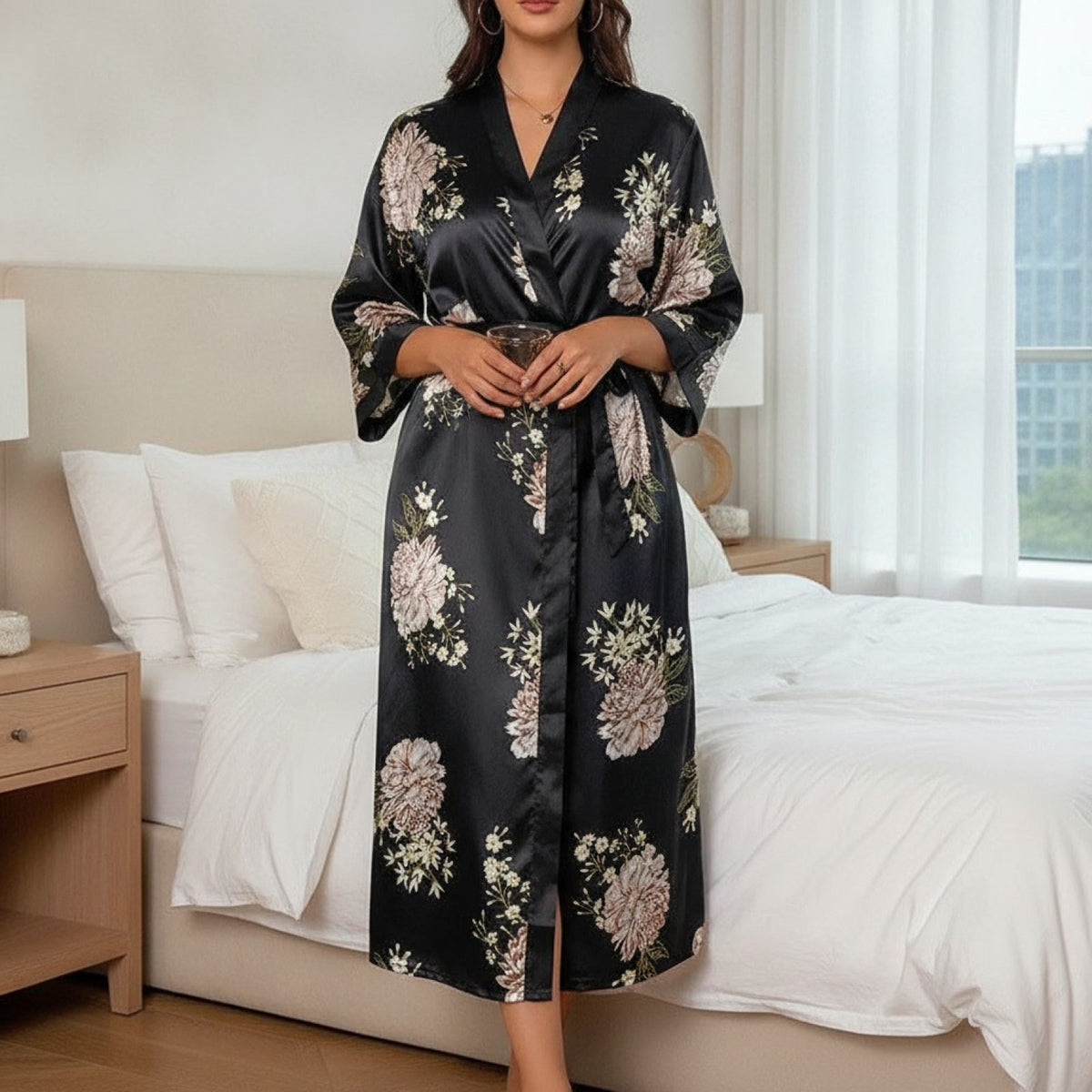 Kimono Long Satiné Grande Taille Femme - Motif Léopard & Fleurs