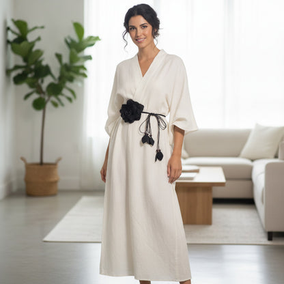 Ceinture Longue Femme Style Kimono avec Grande Fleur Décorative - Polyester & Mousseline