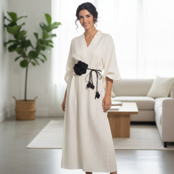 Ceinture Longue Femme Style Kimono avec Grande Fleur Décorative - Polyester & Mousseline