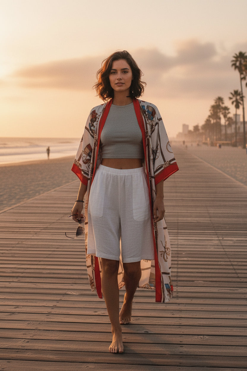 Kimono Long Bohème Imprimé Polyester Femme - Style Léger & Fleuri