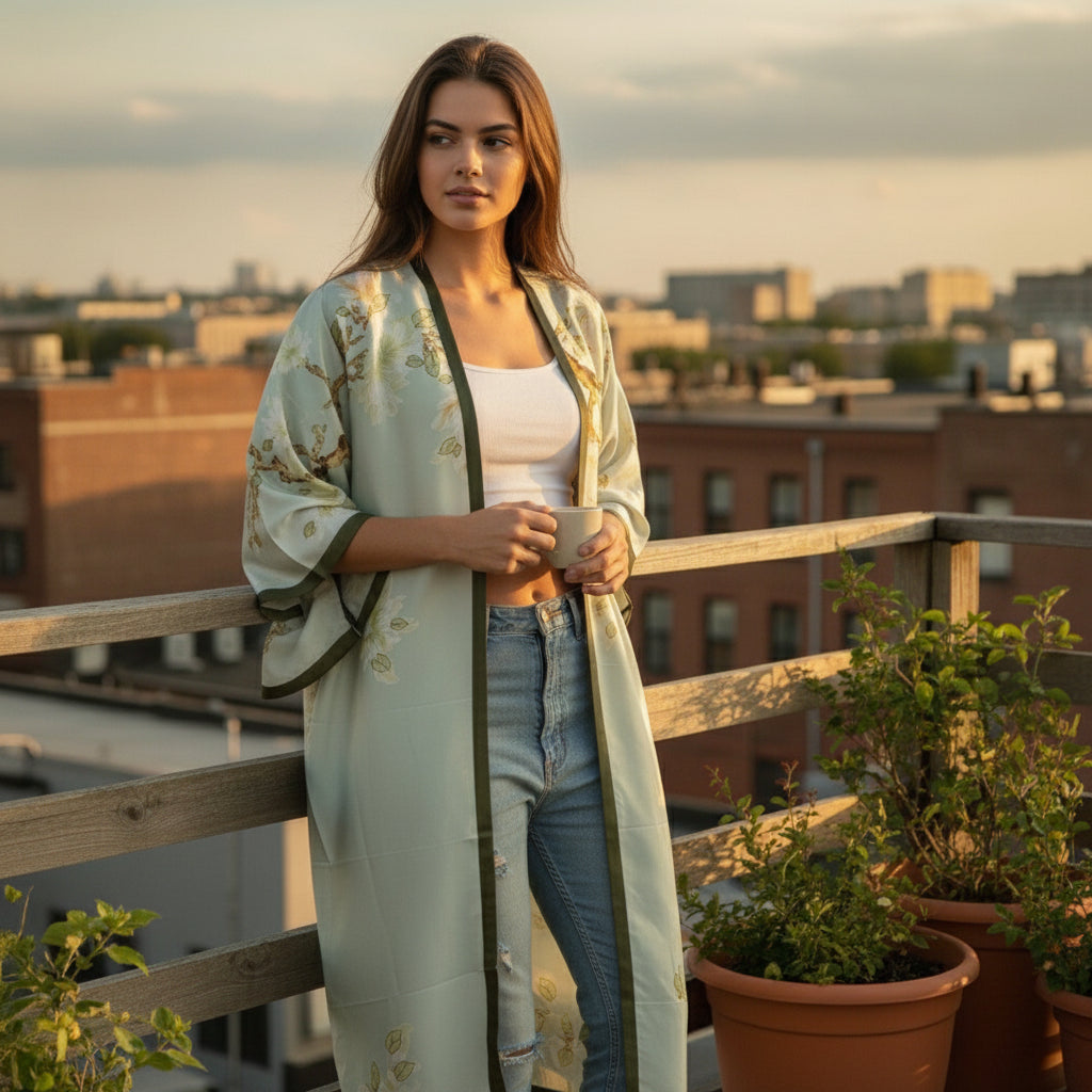 Kimono Long Fleuri Bohème en Polyester - Style Été Léger