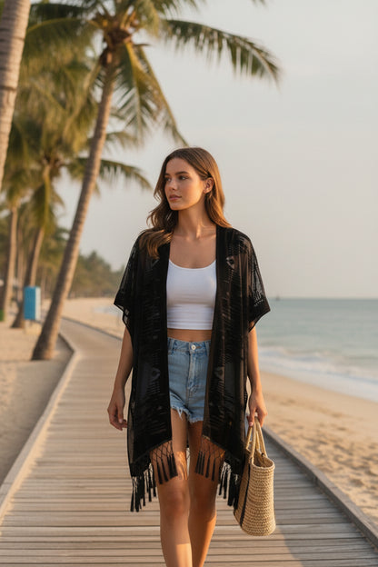Kimono Court Fleuri en Nylon et Velours - WeHello