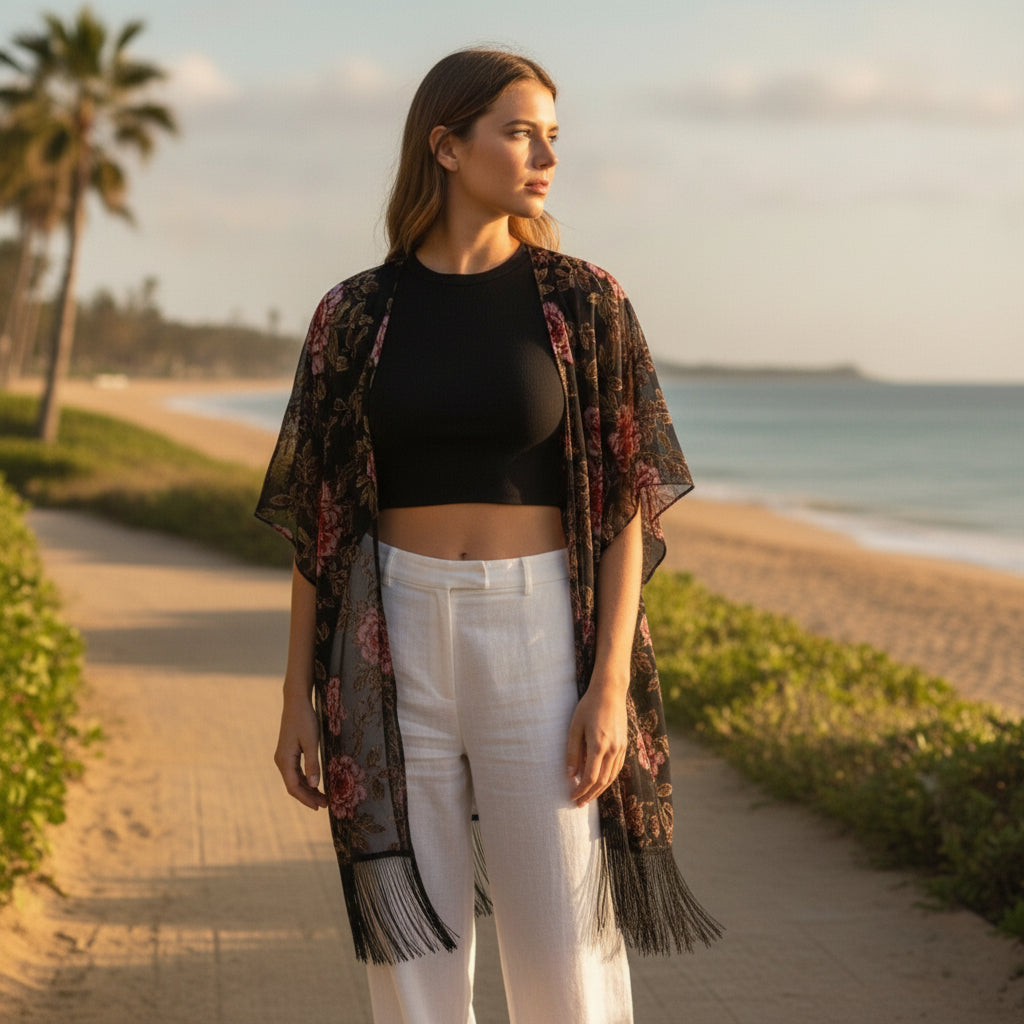 Kimono Court Fleuri en Nylon et Velours - Style National