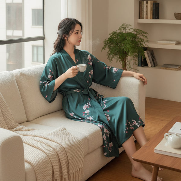Kimono Long Fleuri en Satin pour Femme - Confort & Élégance