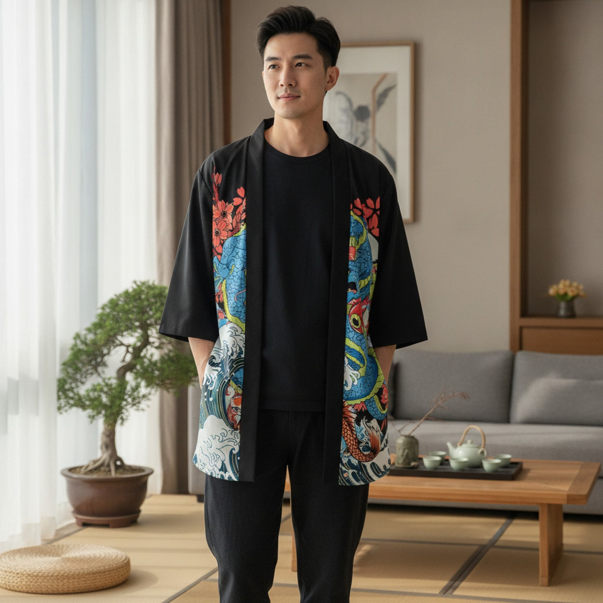 Kimono Court Polyester Motif Dragon Noir EASTQUEEN