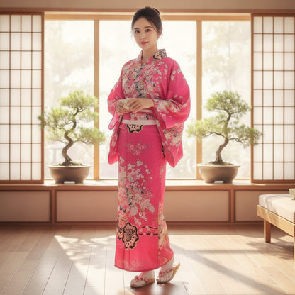 Kimono Femme Traditionnel Rose Coton & Polyester