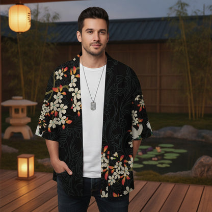 Kimono Court Homme Polyester Manches Trois-Quarts Style Traditionnel Asiatique