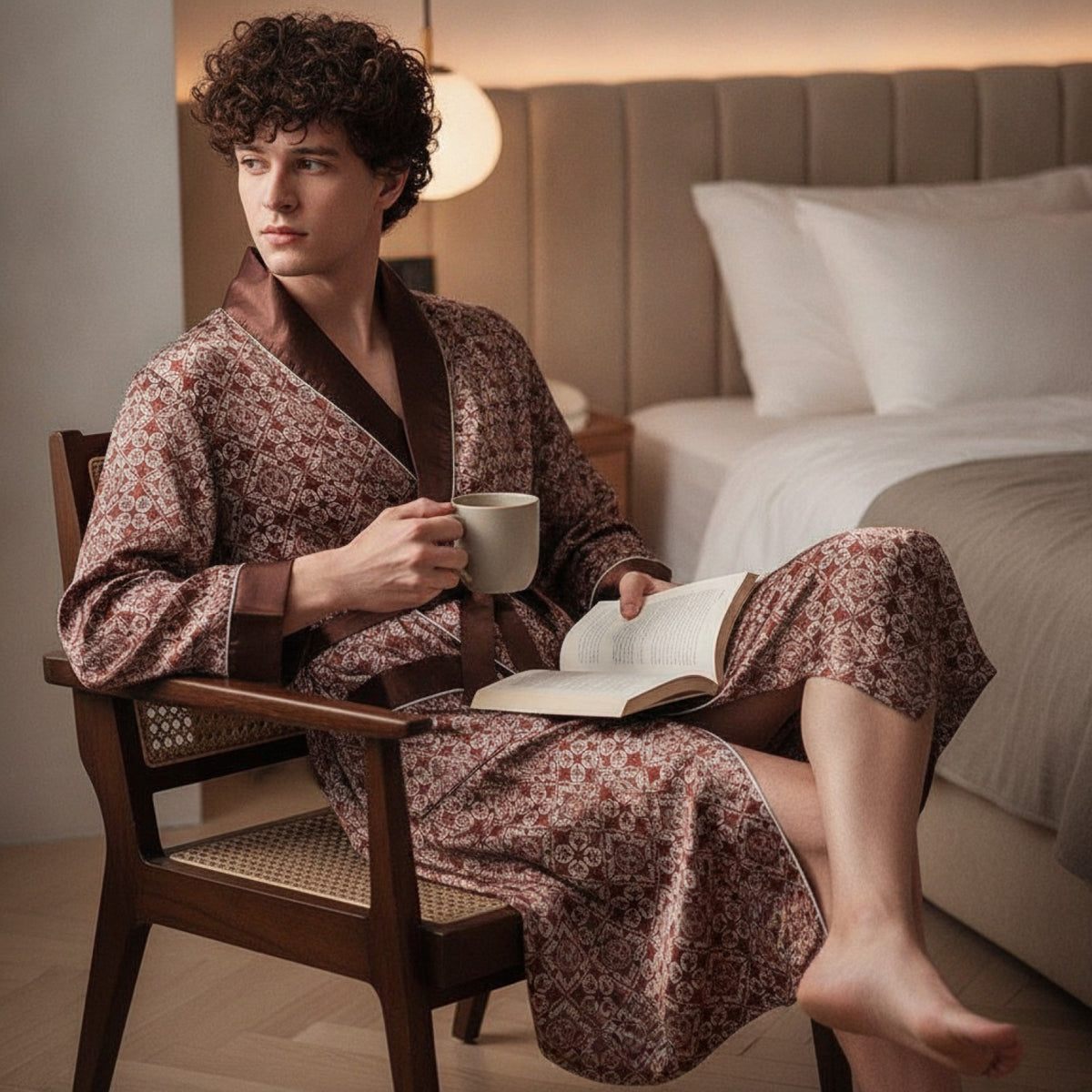 Kimono Mi-long Homme en Satin Imprimé Confortable