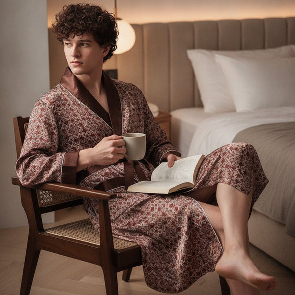 Kimono Mi-long Homme en Satin Imprimé Confortable