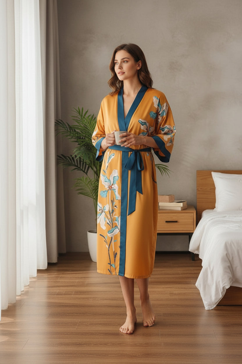 Kimono Long Fleuri en Satin pour Femme - Confort & Élégance