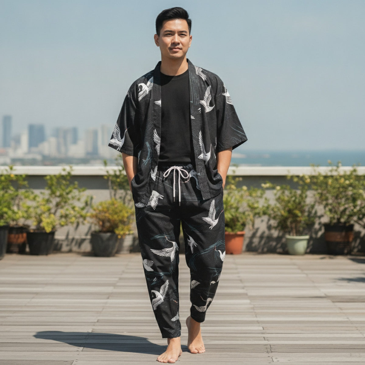 Ensemble Kimono Homme Polyester Léger Motif Oiseaux Noir