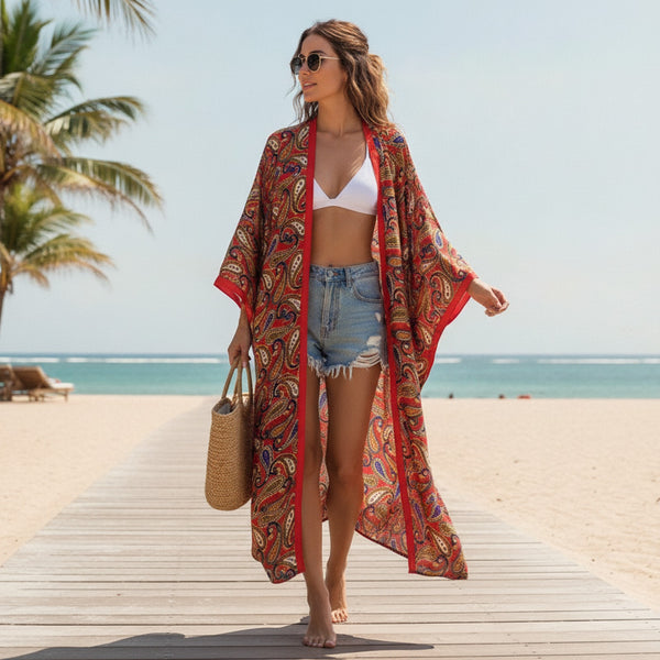 Kimono Long Femme Bohème Imprimé Polyester Léger