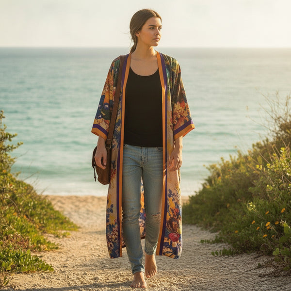 Kimono Long Fleuri Bohème Imprimé Polyester - Taille Unique
