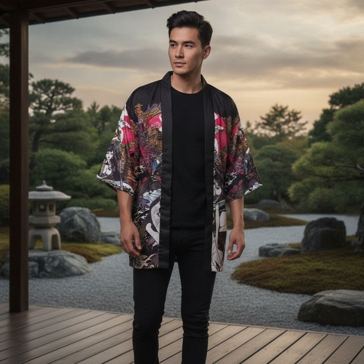 Kimono Court Polyester Motif Japonais - EASTQUEEN