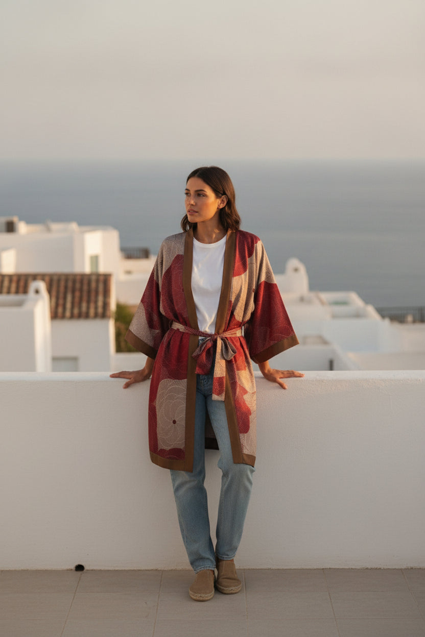 Kimono Mi-long Imprimé Bohème Femme Polyester