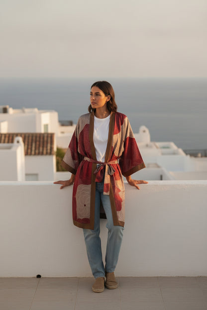 Kimono Mi-long Imprimé Bohème Femme Polyester