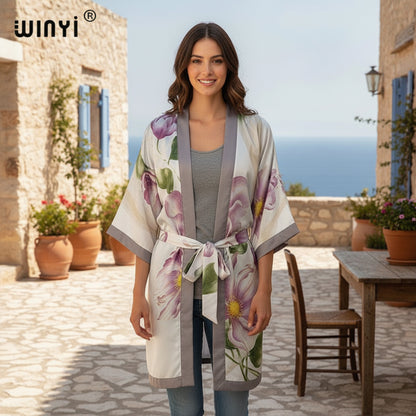 Kimono Mi-long Imprimé Bohème Polyester Femme