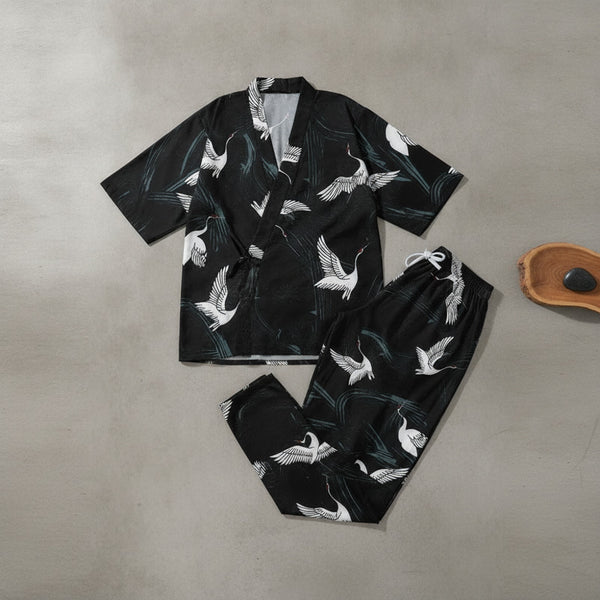 Ensemble Kimono Homme Polyester Léger Motif Oiseaux Noir