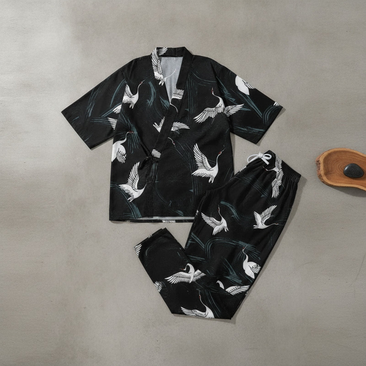 Ensemble Kimono Homme Polyester Léger Motif Oiseaux Noir