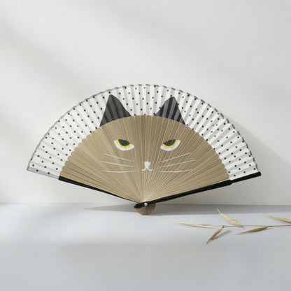 Éventail Pliant en Bambou Motif Chat - Style Japonais, Décoratif et Portable