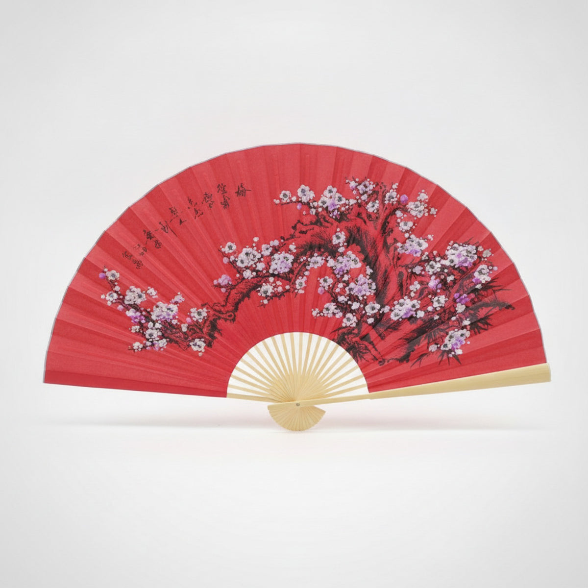 Grand Éventail Pliable en Bambou et Papier - Motif Fleur de Prunier Rouge, Blanc ou Noir