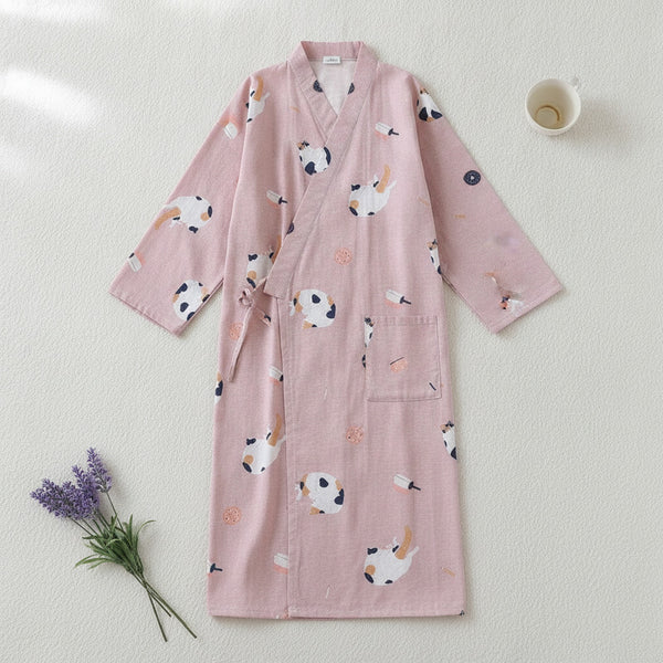 Kimono Chemise de Nuit en Coton pour Femme - Motif Cartoon Doux