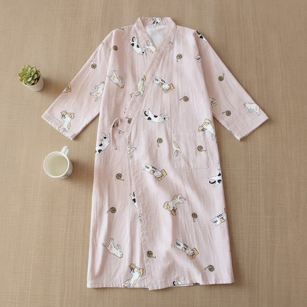 Kimono Chemise de Nuit en Coton pour Femme - Motif Cartoon Léger