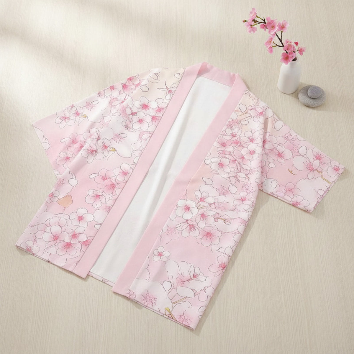 Kimono Court Fleuri Polyester Wifru Femme - Manches Trois-Quarts