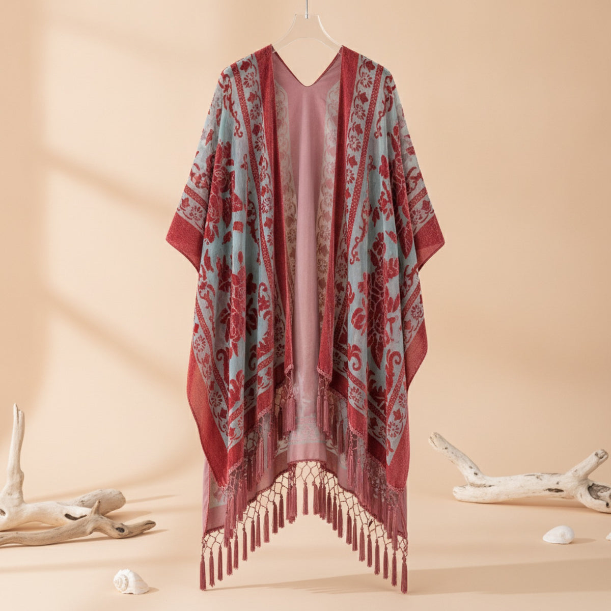 Kimono Court Fleuri en Nylon et Velours pour Femme - Style National