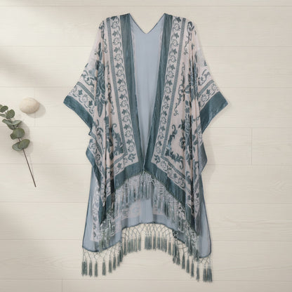 Kimono Court Fleuri en Nylon et Velours - Style National