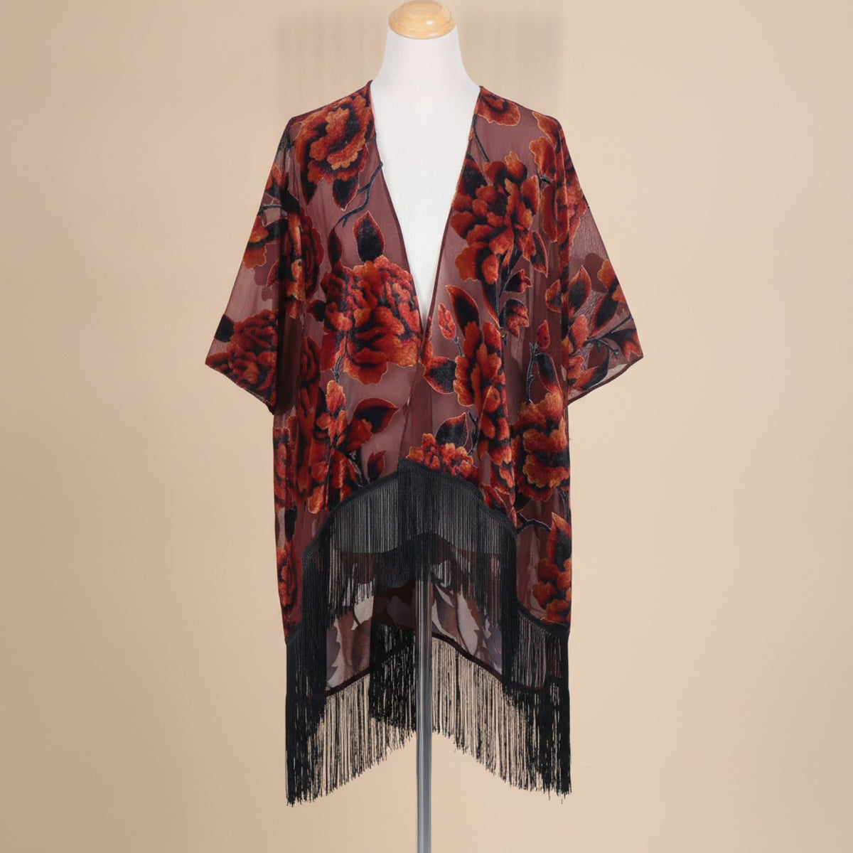 Kimono Court Fleuri en Nylon et Velours - Style National