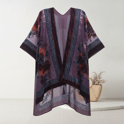 Kimono Court Fleuri en Nylon et Velours pour Femme - Style National