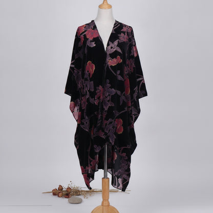Kimono Court Fleuri en Nylon et Velours pour Femme - Style National