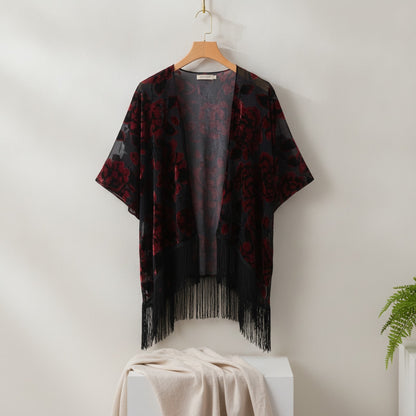 Kimono Court Fleuri Femme en Nylon et Velours - Style National
