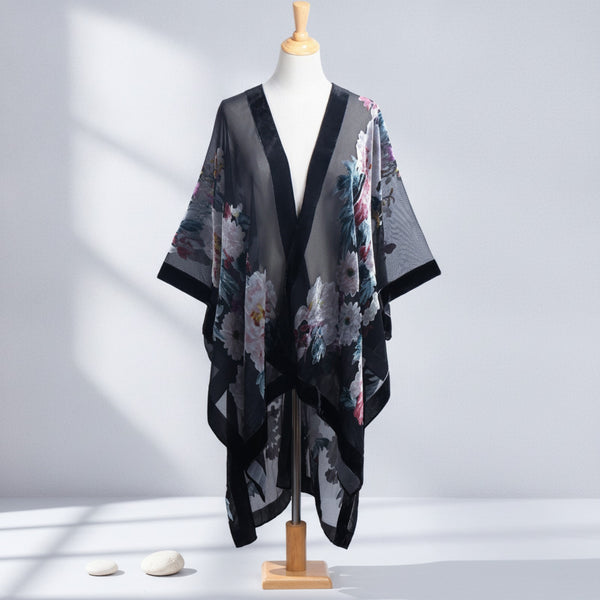 Kimono Court Fleuri en Nylon et Velours - WeHello