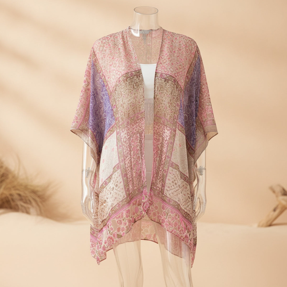 Kimono Court Fleuri en Nylon et Velours - Style National
