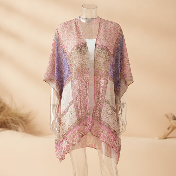 Kimono Court Fleuri en Nylon et Velours - Style National