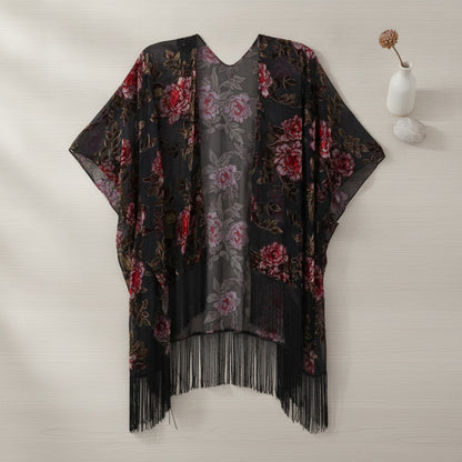 Kimono Court Fleuri en Nylon et Velours - Style National