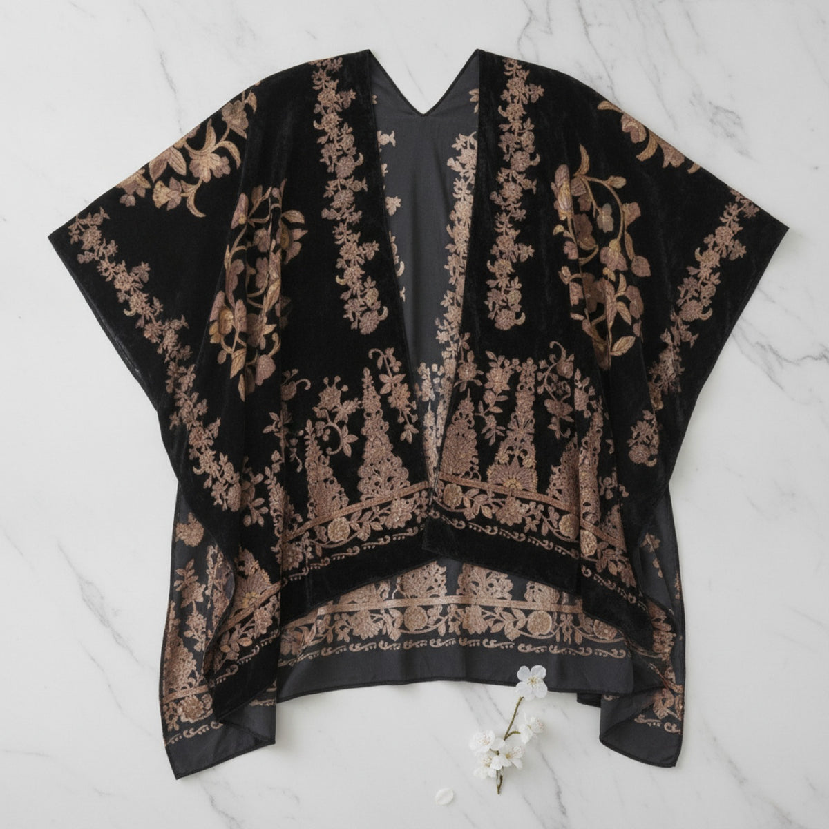 Kimono Court Fleuri Femme en Nylon et Velours - WeHello