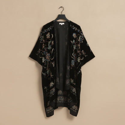 Kimono Court Fleuri en Nylon et Velours pour Femme