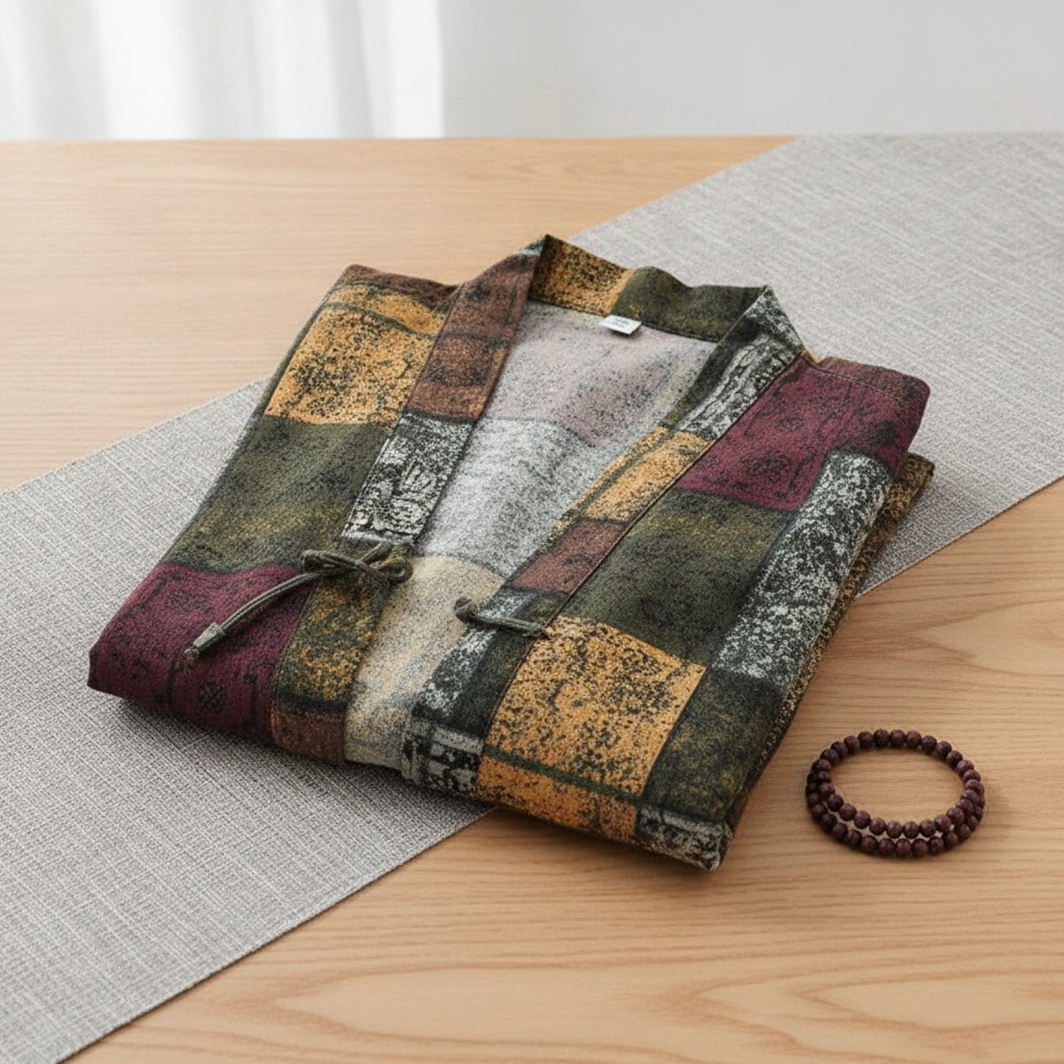 Kimono Court Homme Coton Lin Style Asiatique Manches Trois-Quarts